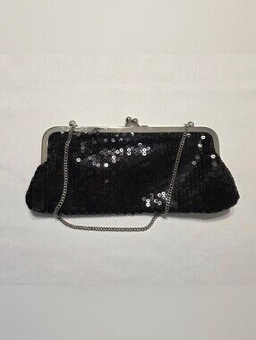 LOFT Black Sequin Evening Clutch with Silver Chain